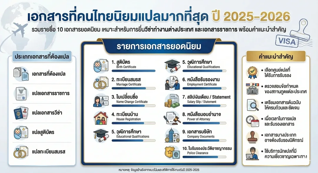 เอกสารที่ต้องแปล, แปลเอกสารราชการ, แปลเอกสารวีซ่า, แปลสูติบัตร, แปลทะเบียนสมรส