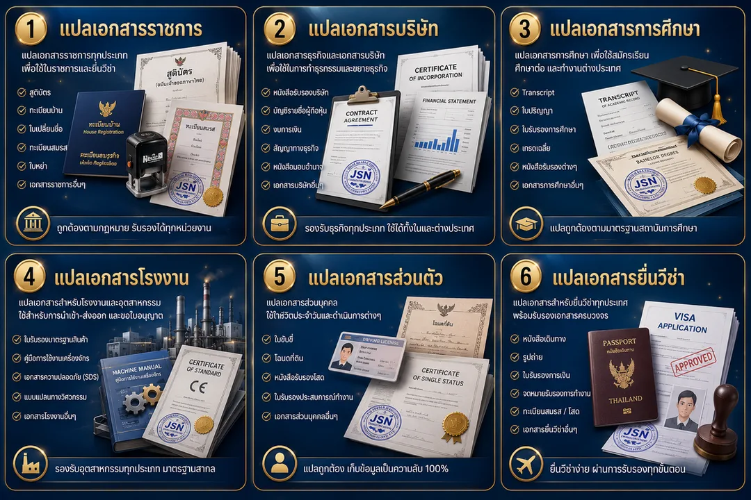 JSN Translation Service ให้บริการรับแปลเอกสารทุกประเภท พร้อมรับรองคำแปลอย่างถูกต้องตามมาตรฐาน